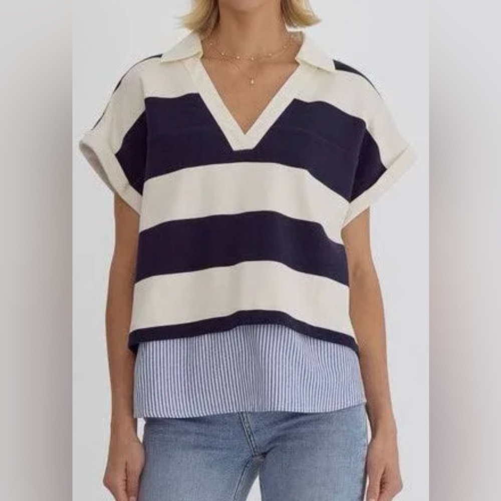 Entro v-neck short sleeve stripe print NWT